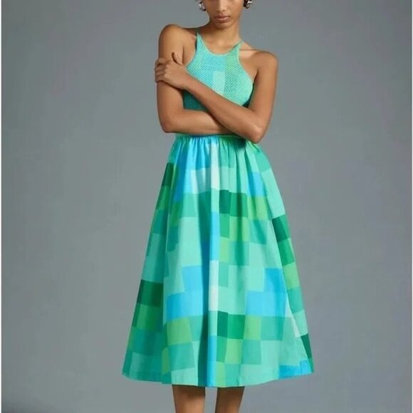 NWT Anthropology Plenty by Tracy Reese  Block Print Teal Midi Dress M - Picture 1 of 14